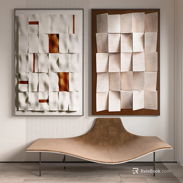 Abstract Textured Grid Paintings In Neutral Tones With Modern Curved Chair 3d model 