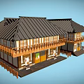 Cartoon Scene Featuring Two Traditional Houses With Black Roofs Wooden Balconies And Blue Background