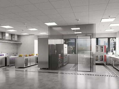 Spacious Modern Commercial Kitchen With Stainless Steel Equipment And Open Layout 3d model