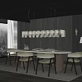 Modern Restaurant With Round White Dining Table Green Chairs Pendant Lights And Forest View Window