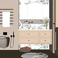 Bathroom Vanity Cabinet With White Drawers Mirror Above Floral Pattern Wall Towel Rack And Toiletries