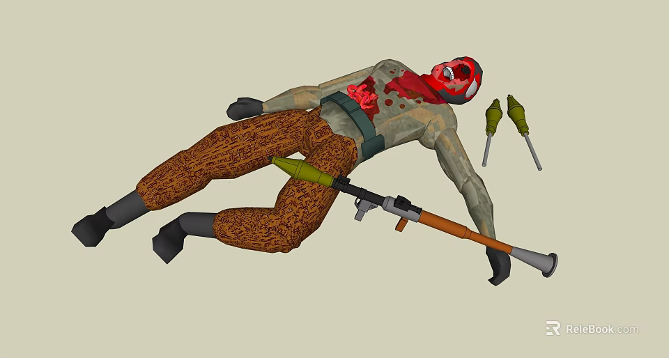 Man Lying on Ground with Red Mask Bloodstains Gun and Grenades 3d model 