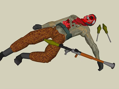 Man Lying on Ground with Red Mask Bloodstains Gun and Grenades 3d model