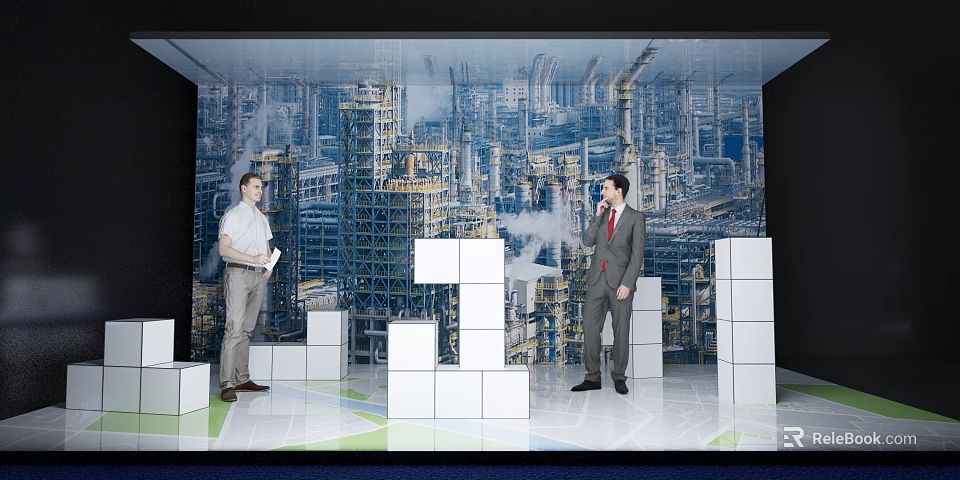 Two men discussing large white block models against industrial city backdrop 3d model 