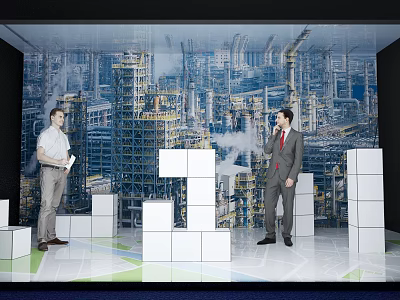 Two men discussing large white block models against industrial city backdrop 3d model