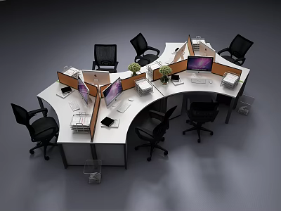 Curved Office Desk With Black Chairs Computer Monitors And Small Potted Plants In Workspace 3d model