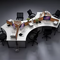 Curved Office Desk With Black Chairs Computer Monitors And Small Potted Plants In Workspace