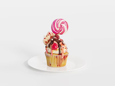 Delicious Cupcake With Chocolate Drizzle And Pink White Swirled Lollipop On White Plate 3d model