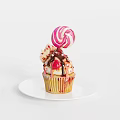Delicious Cupcake With Chocolate Drizzle And Pink White Swirled Lollipop On White Plate