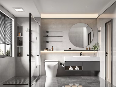 Modern Bathroom Interior With Glass Shower Round Mirror And Wall Mounted Vanity 3d model