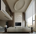 Modern Elegant Living Room with High Ceiling Round Chandelier Floor to Ceiling Windows Blinds Marble Walls