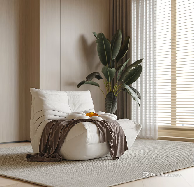 Modern White Bean Bag Chair With Cozy Blanket Fruit Tray Near Green Plant 3d model 