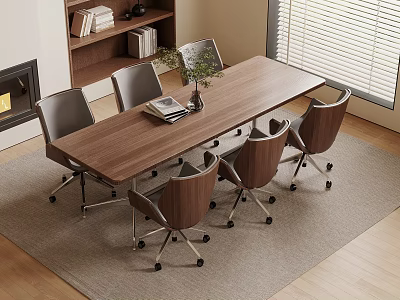 Modern Wooden Conference Table With Six Chairs Books And Vase Near Bookshelf Window Blinds 3d model