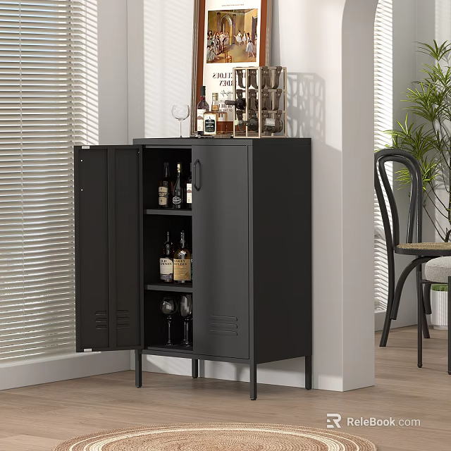 Restaurant Interior With Black Open Door Wine Cabinet Storing Bottles And Glasses 3d model 