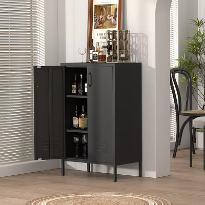 Restaurant Interior With Black Open Door Wine Cabinet Storing Bottles And Glasses 3d model