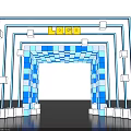 Modern Exhibition Entrance With Blue Square Panels Neon Lights And Yellow LOGO