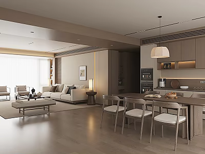 Modern Open Concept Living Dining Room With Sofa Coffee Table And Pendant Light 3d model
