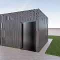 Modern Cube Building With Perforated Metal Stripes On Grass Lawn And Gray Pavement