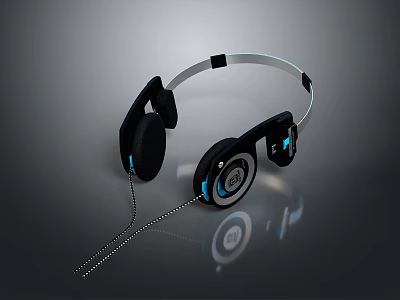 Computer Headphones With Wired Design Black Silver Accents Blue LED Lights And Comfortable Ear Cups 3d model