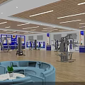 Modern Fitness Gym Interior With Blue White Decor Workout Equipment And Rest Area