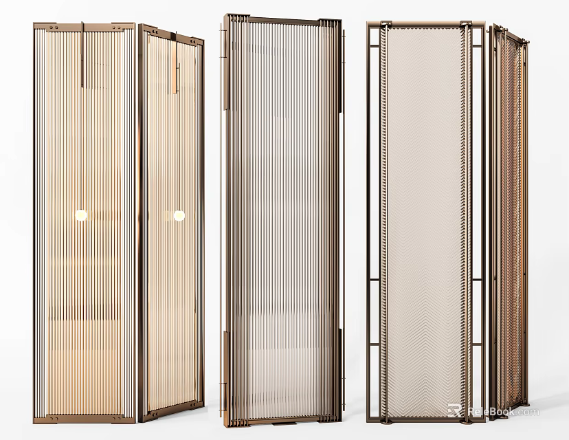 Modern Room Divider Design With Metal Frame Glass Panels And Vertical Stripes 3d model 