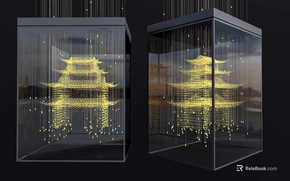 Innovative Artistic Chandelier With Golden Illuminated Structure And Hanging Light Strings For Interior Design 3d model 