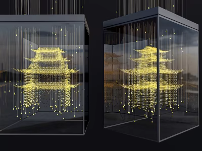 Innovative Artistic Chandelier With Golden Illuminated Structure And Hanging Light Strings For Interior Design 3d model