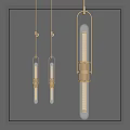 Modern Brass And Glass Tube Shaped Pendant Lights With Warm Illumination Against Dark Wall