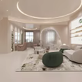 Luxury SPA Sauna Interior Design With Modern Sofa Round Coffee Table Rug And Wall Decor
