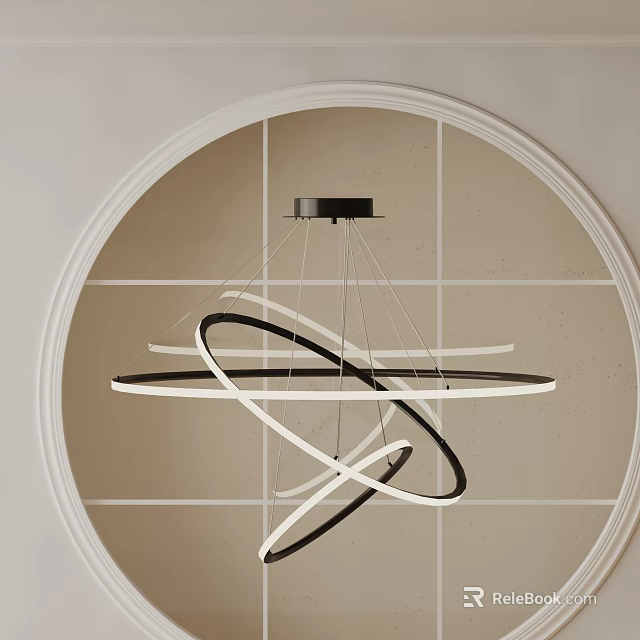 Modern Pendant Light With Intertwined Black White Circular Rings And Round Frame 3d model 