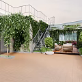 Garden Landscape With Wooden Deck Vine Covered Pergola Hanging Swing Chair And Colorful Flowers