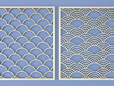 Traditional Chinese Lattice Windows Featuring Fish Scale And Wave Patterns In White On Blue Background 3d model