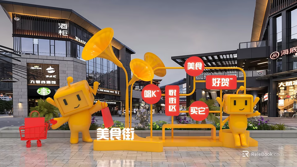 Other Items in Food Street with Robot Statues Horn Decorations and Street Style 3d model 