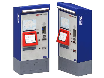 Two Blue And Gray Self Service Commercial Equipment Terminals With Screens And Control Panels 3d model