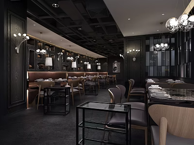 Elegant Restaurant Interior With Dark Decor Chandeliers Wooden Tables And Glass Chairs 3d model