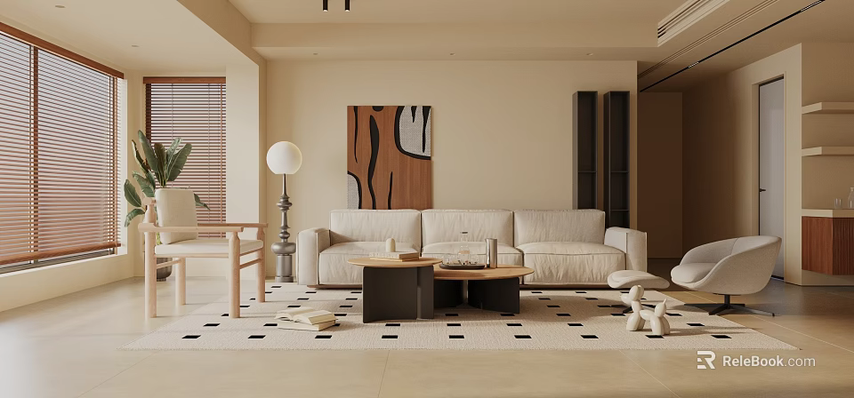 Modern Minimalist Living Room Interior With Beige Sofa Abstract Painting And Black White Geometric Rug 3d model 