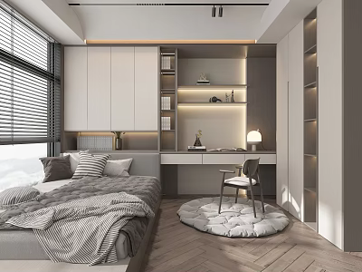 Tatami Bedroom Interior with Gray Bedding Built-in Cabinets Desk Chair and Wooden Floor 3d model