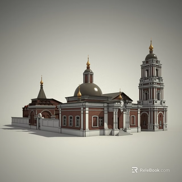 European Architecture Featuring Golden Domes Towers Red Brick Walls White Trim And Arched Windows 3d model 
