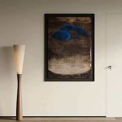 Blue Abstract Painting in Modern Interior with Beige Brown Tones and Floor Lamp 3d model