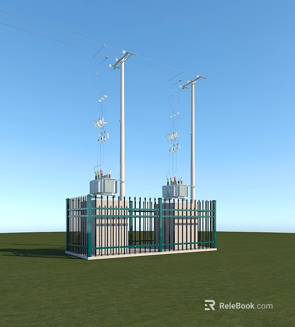 Industrial Equipment Utility Poles With Electric Wires Insulators And Cabinets Enclosed By Black Fence 3d model 