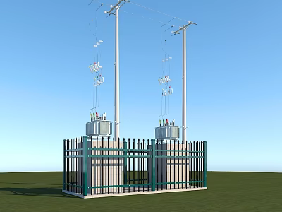 Industrial Equipment Utility Poles With Electric Wires Insulators And Cabinets Enclosed By Black Fence 3d model