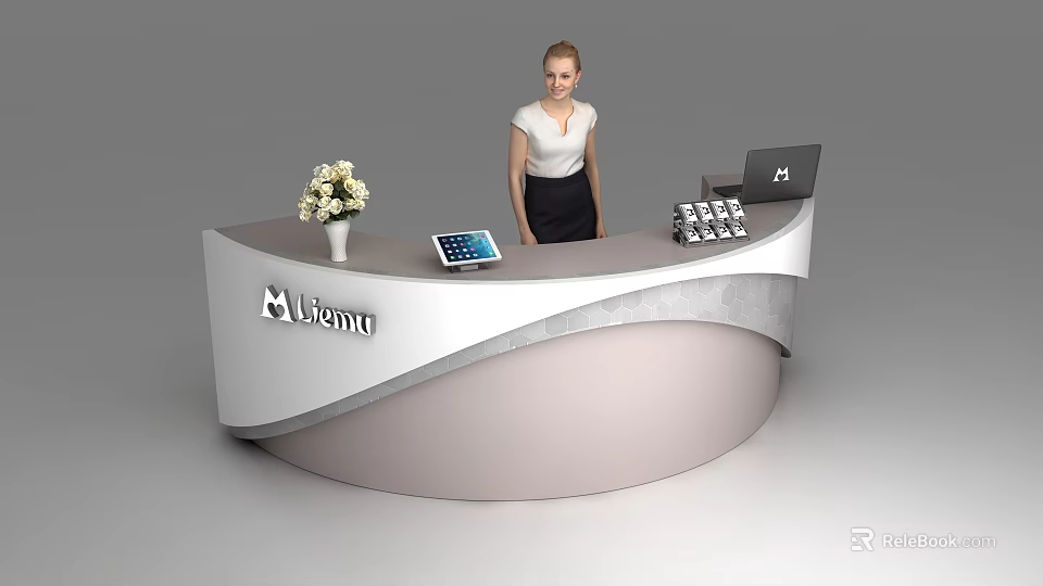 Modern Curved Reception Desk with Receptionist Vase Tablet Laptop and Lemnu Logo 3d model 