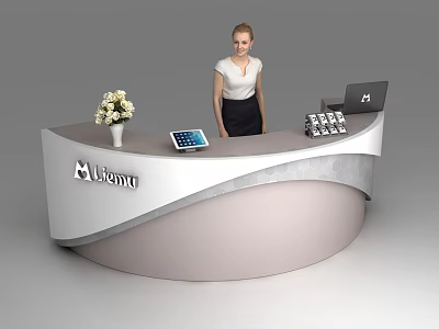 Modern Curved Reception Desk with Receptionist Vase Tablet Laptop and Lemnu Logo 3d model