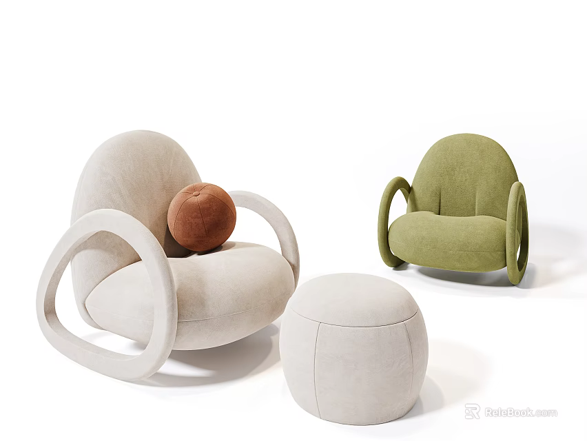 Modern Minimalist Single Sofa in Beige and Green with Brown Spherical Cushion and Small Ottoman 3d model 