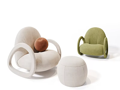 Modern Minimalist Single Sofa in Beige and Green with Brown Spherical Cushion and Small Ottoman 3d model