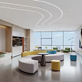 Modern Lounge Area With Curved Ceiling LED Strip Lights Large Windows And Colorful Round Sofas