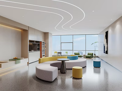 Modern Lounge Area With Curved Ceiling LED Strip Lights Large Windows And Colorful Round Sofas 3d model