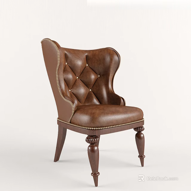 Brown Leather Tufted Wingback Accent Chair With Wooden Legs And Classic Design 3d model 