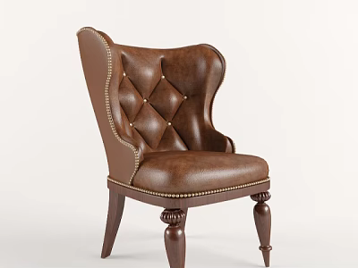 Brown Leather Tufted Wingback Accent Chair With Wooden Legs And Classic Design 3d model