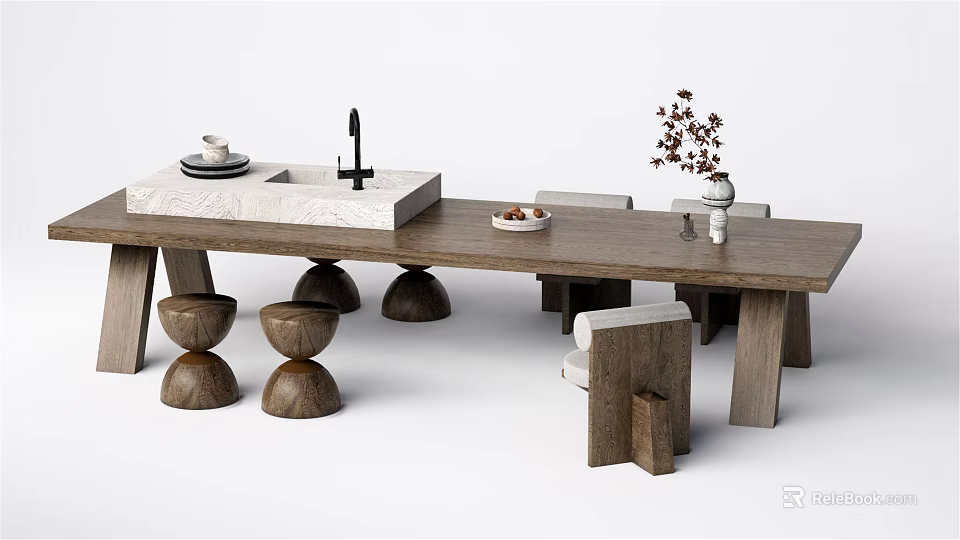 Modern Rustic Dining Table Set Featuring Natural Wood Top Round Stools and Decorative Vase 3d model